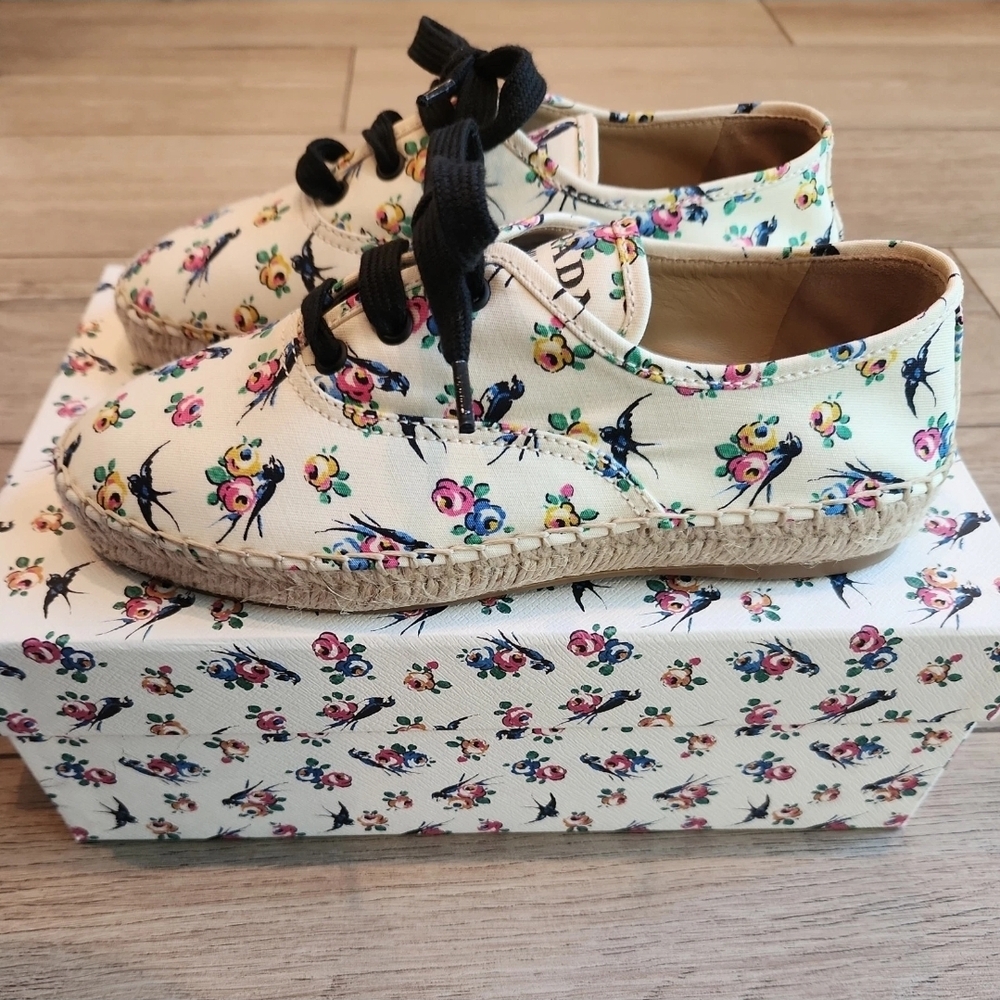 Prada Womens Floral Cream Sneakers - Picture 3 of 12
